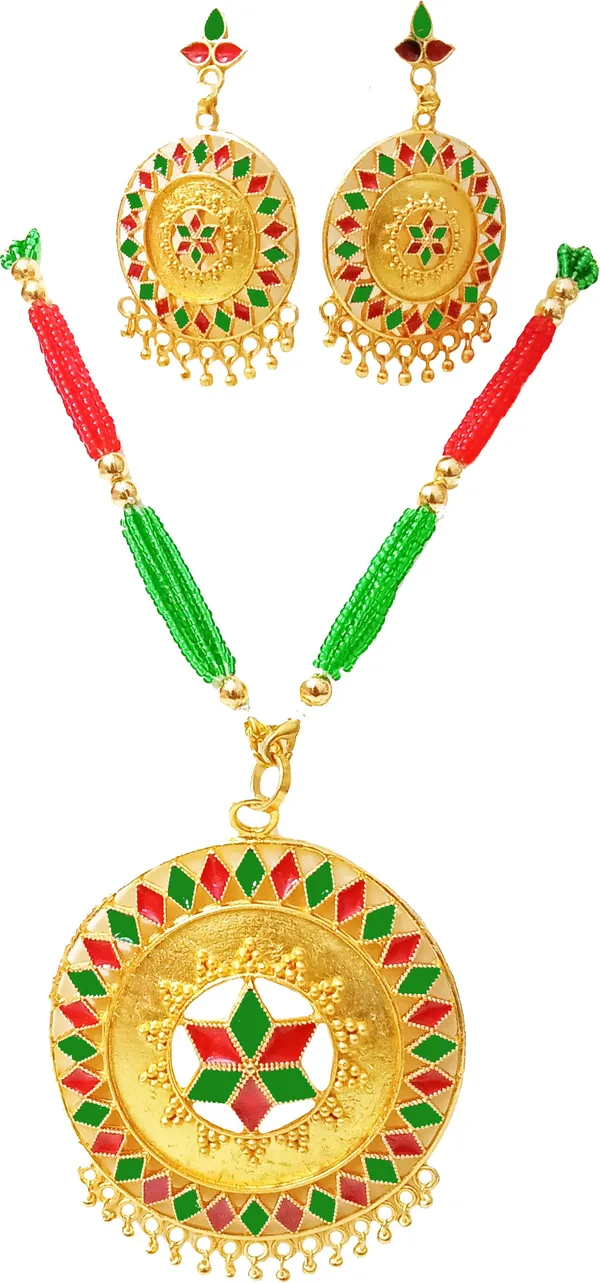Assamese_Traditional_Red_And_Green_Colour_Japi_Tassel_Jewellery_Set_For_Women